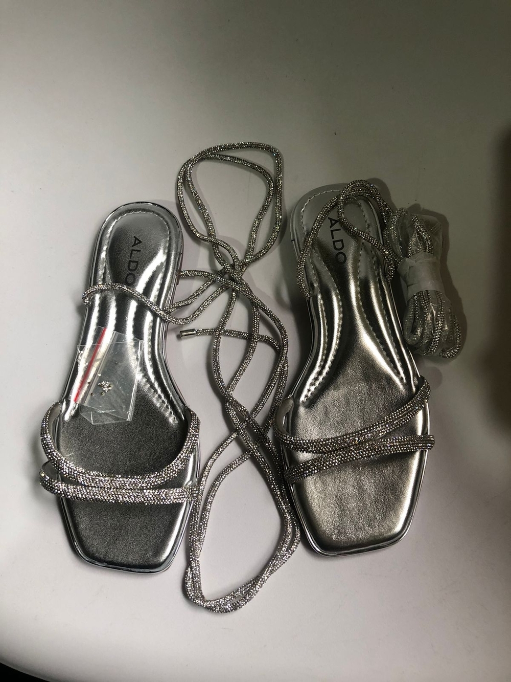 Aldo Silver Rhinestone Wrap Tie Flat Sandals